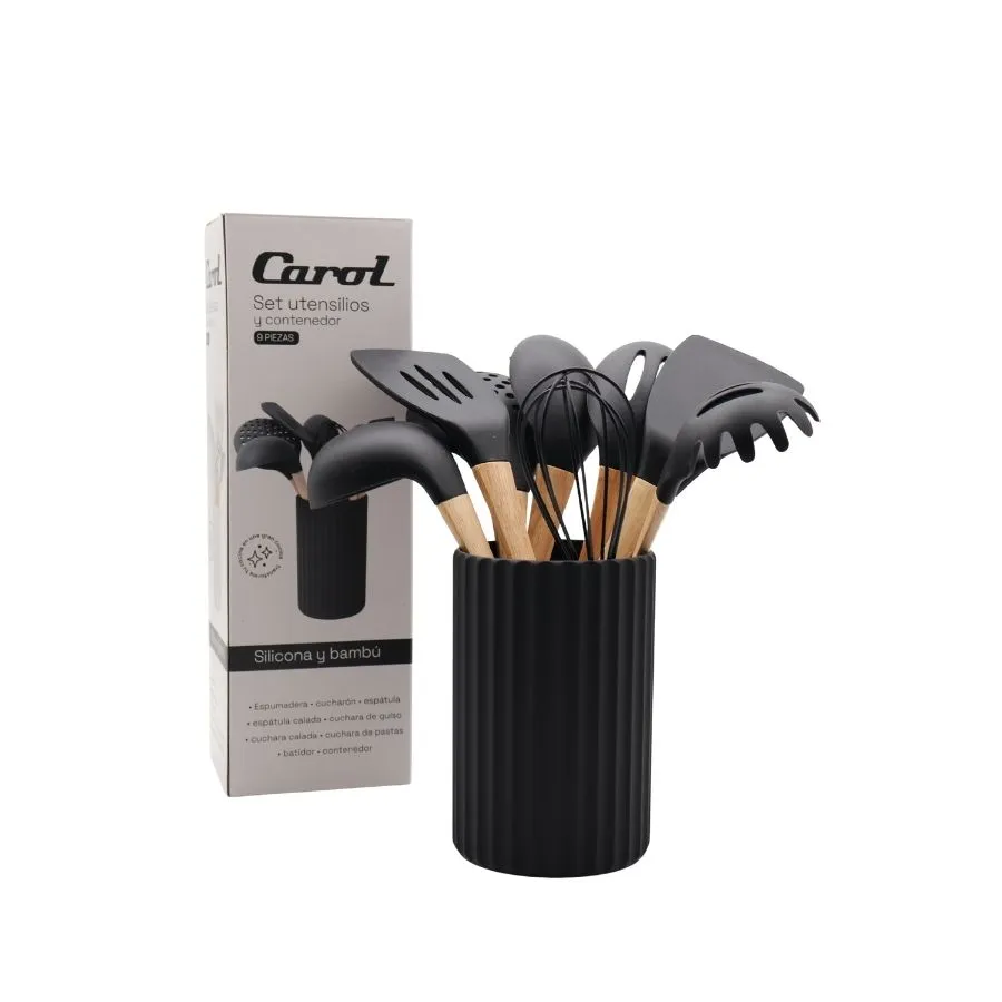 SET 9 UTENSILLO SILIC/BAMBO + BASE KROL (NE/GR/TI)