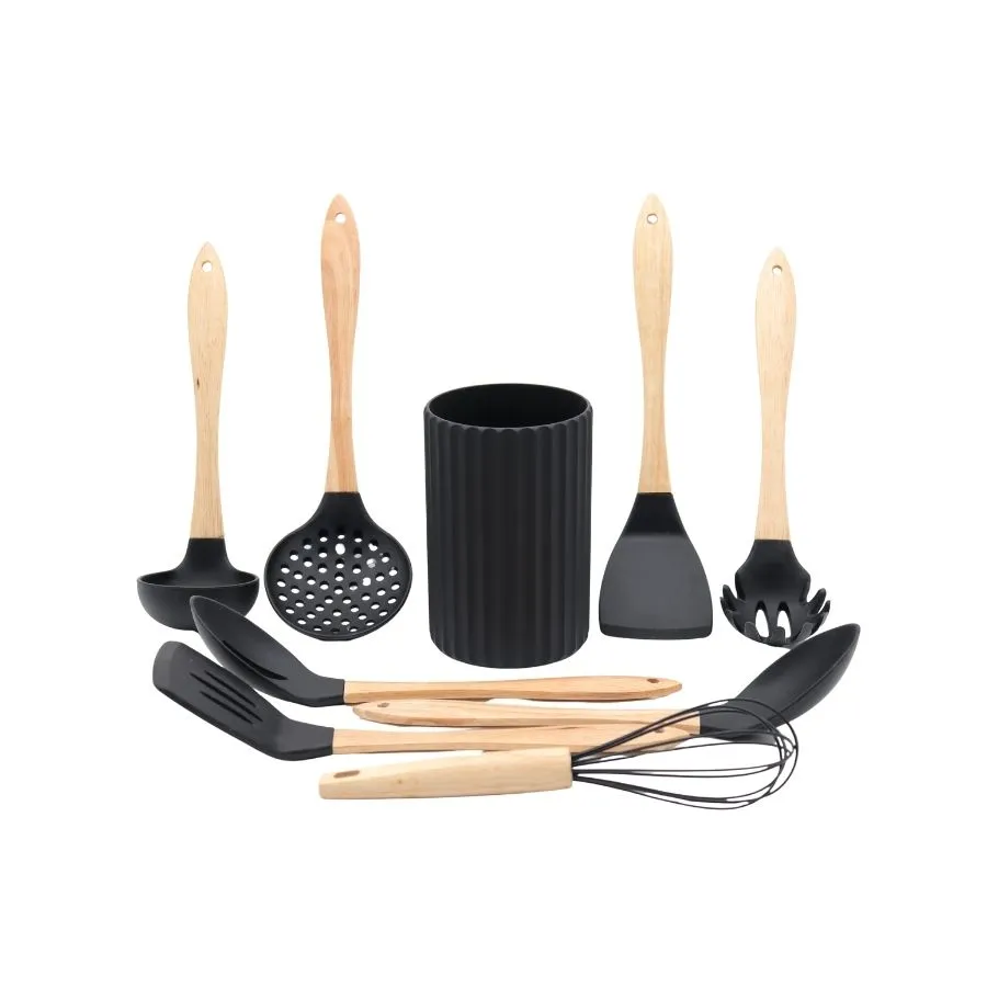 SET 9 UTENSILLO SILIC/BAMBO + BASE KROL (NE/GR/TI)