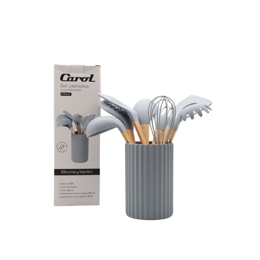 SET 9 UTENSILLO SILIC/BAMBO + BASE KROL (NE/GR/TI)