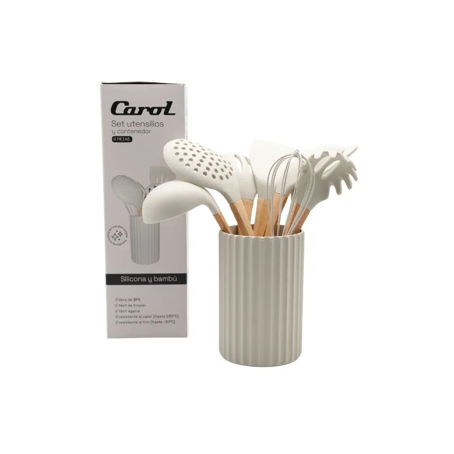 SET 9 UTENSILLO SILIC/BAMBO + BASE KROL (NE/GR/TI)
