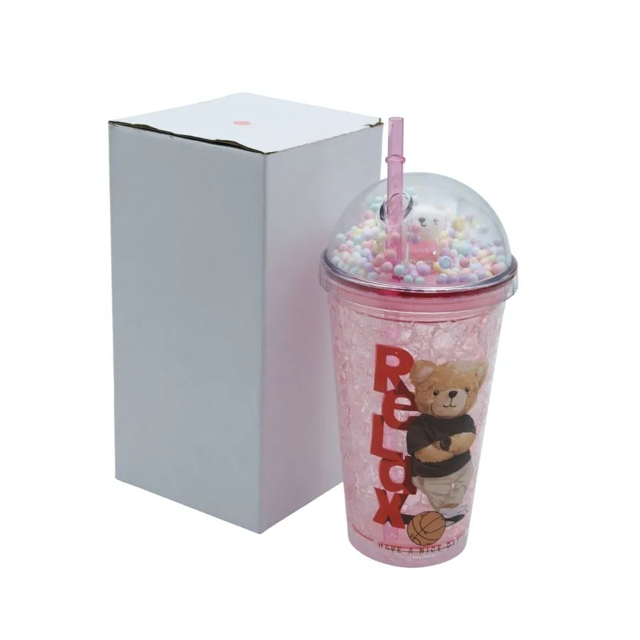 VASO ACRIL DOBLE "FROZEN" c/SORB ROSA