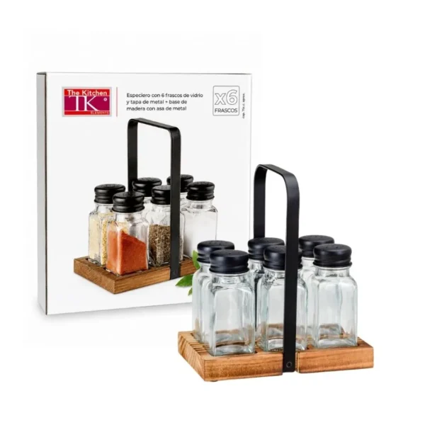 Especiero vidrio x 6 con base madera – THE KITCHEN