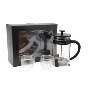 Set cafetera de vidrio con émbolo 600 ml con 2 vasos negros – HUDSON