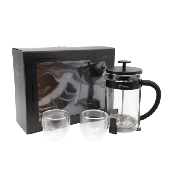 Set cafetera de vidrio con émbolo 600 ml con 2 vasos negros – HUDSON