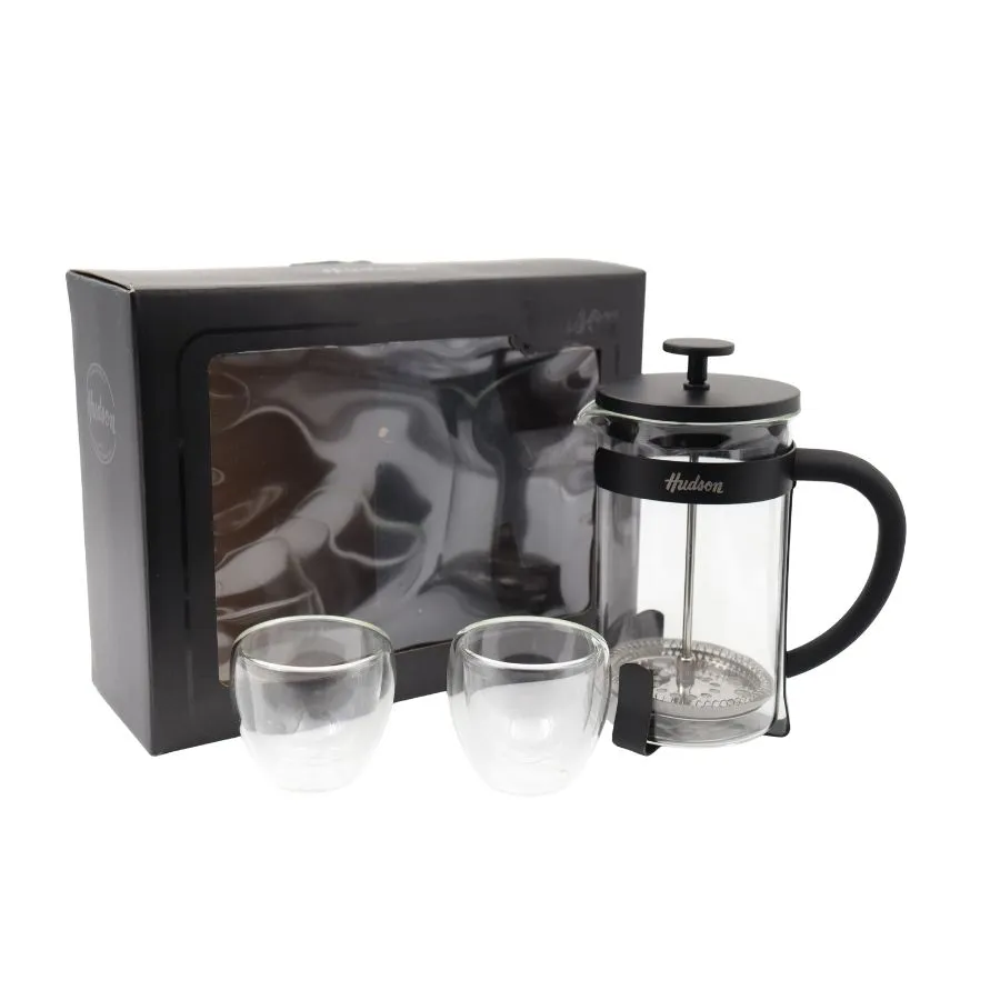 Set cafetera de vidrio con émbolo 600 ml con 2 vasos negros – HUDSON