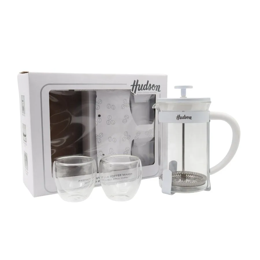 Set cafetera de vidrio con émbolo 600 ml con 2 vasos blancos – HUDSON