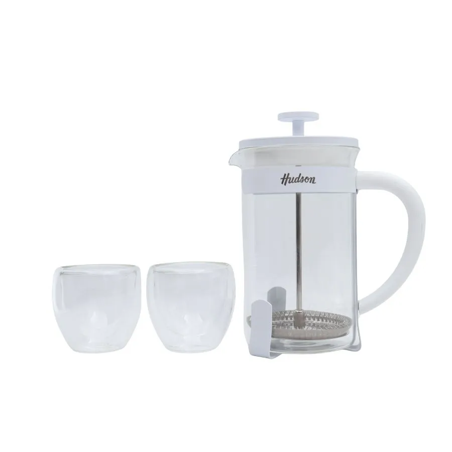 Set cafetera de vidrio con émbolo 600 ml con 2 vasos blancos – HUDSON