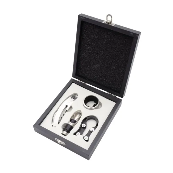 Set de accesorios para vino x 4 en caja de madera