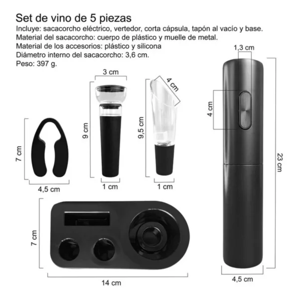 Set accesorios para vino x 5 con sacacorcho automático